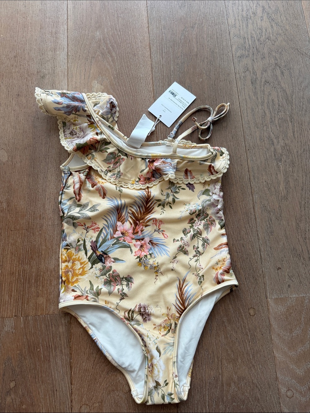Zimmermann Tallow Frill one shoulder bathing suit girls cream floral size 8 NEW